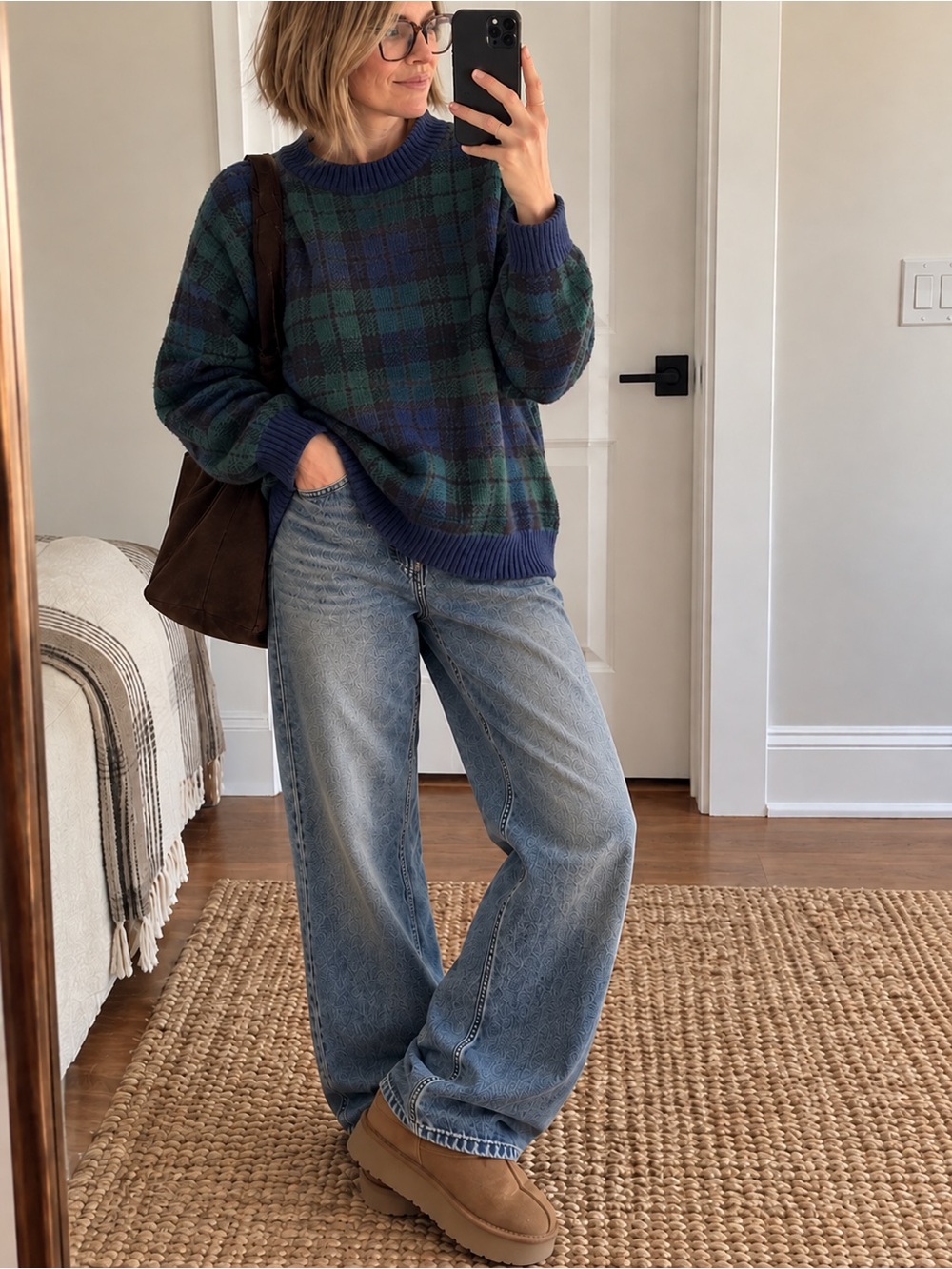 Vintage John Ashford 100% Cotton Blue Green Plaid Crewneck Sweater Large